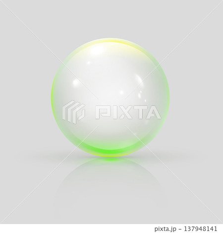 Realistic 3D glass ball with green glare and highlights, vector volume crystal bubble transparent sphere with reflection 137948141