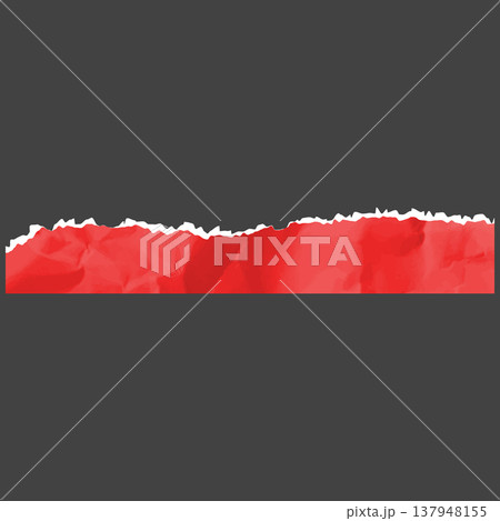 Red crumpled torn paper strip piece, vector realistic torn sheet of page fragment, wrinkled color scrap with jagged edge Red crumpled torn paper strip piece, vector realistic torn sheet of page fragment, wrinkled color scrap with jagged edge 137948155
