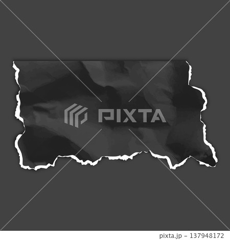 A rectangular piece of black crumpled paper with jagged bottom and side edges. 137948172