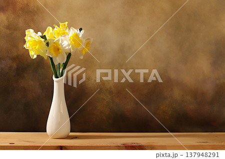 Abstract spring floral arrangement, a still life with beautiful blooming daffodils and banner with space for text. A card for Mother's Day, International Women's Day, birthdays, weddings, Abstract spring floral arrangement, a still life with beautiful blooming daffodils and banner with space for text. A card for Mother's Day, International Women's Day, birthdays, weddings, 137948291
