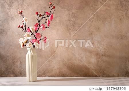 Abstract spring floral arrangement with pink cherry blossom branches in a vase, elegant sunny colorful banner and template for your creative work, display table or spring beauty concept, Abstract spring floral arrangement with pink cherry blossom branches in a vase, elegant sunny colorful banner and template for your creative work, display table or spring beauty concept, 137948306