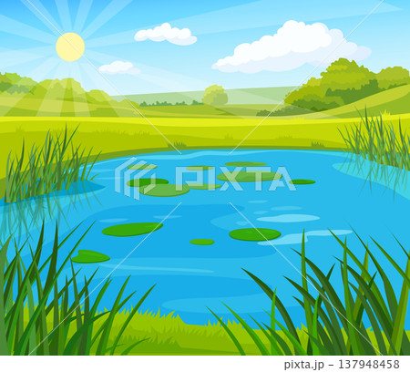 Summer nature landscape with lake. Beautiful sunny illustration of meadow with pond. Spring landscape with blue sky, clouds and green grass Summer nature landscape with lake. Beautiful sunny illustration of meadow with pond. Spring landscape with blue sky, clouds and green grass 137948458