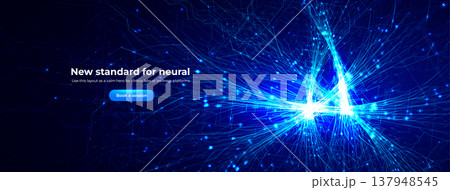 Neuro AI Network, Science Research, Abstract Biotech Transformation, Brain Stem Connection Lines Structure, Blue Neon Glowing Neural Pathways Mesh on Dark Blue Background. Vector Illustration 137948545