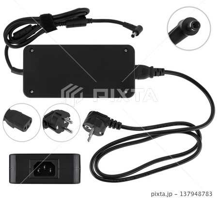 laptop power adapter, laptop accessory, on white background, collage 137948783