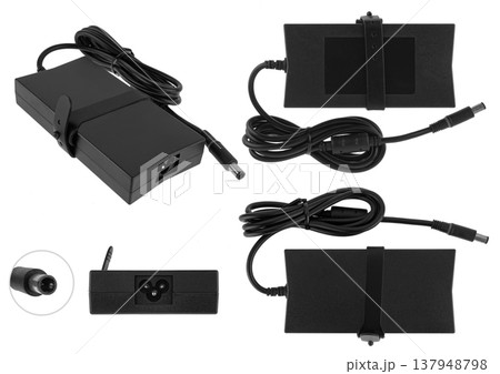 laptop power adapter, laptop spare part, on white background, collage 137948798