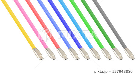 Cable and connector for USB, Type-C, Micro USB, Lightning, on a white background, collage 137948850