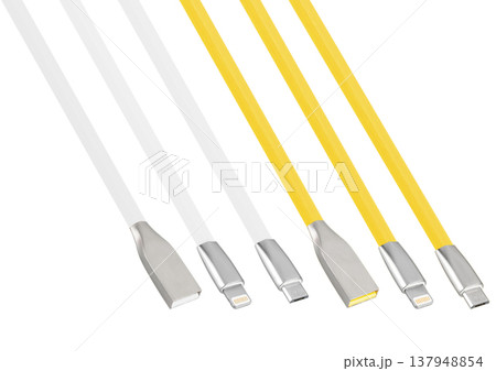 Cable and connector for USB, Micro USB, Lightning, on a white background, collage 137948854