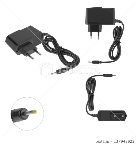 laptop power adapter, laptop accessory, on white background, collage laptop power adapter, laptop accessory, on white background, collage 137948922