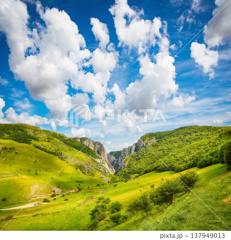 Captivating view of Turda Gorge (Cheile Turzii) natural reserve with marked trails for hikes on Hasdate river. 137949013