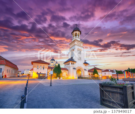 Captivating view on  Coronation Orthodox Cathedral in Alba Carolina Fortress. 137949017