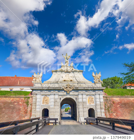 Captivating view at principal gate for entrance in medieval fortress of Alba Iulia (Carolina) Captivating view at principal gate for entrance in medieval fortress of Alba Iulia (Carolina) 137949019