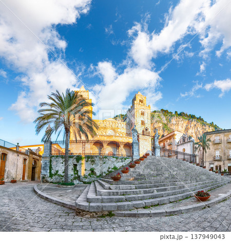 Remarkable evening view on Cathedral-Basilica of Cefalu or Duomo di Cefalu. Remarkable evening view on Cathedral-Basilica of Cefalu or Duomo di Cefalu. 137949043