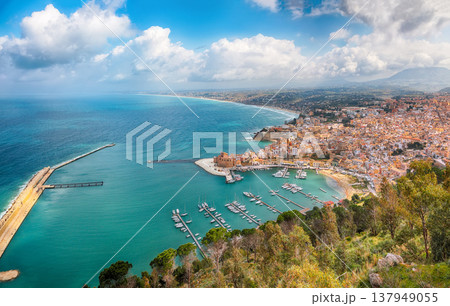 Remarkable aerial cityscape of Castellammare del Golfo town. Popular travel destination of Mediterranean sea. 137949055