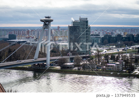 Panoramic view on Danube river and right side of Bratislava from Bratislava Castle  137949535