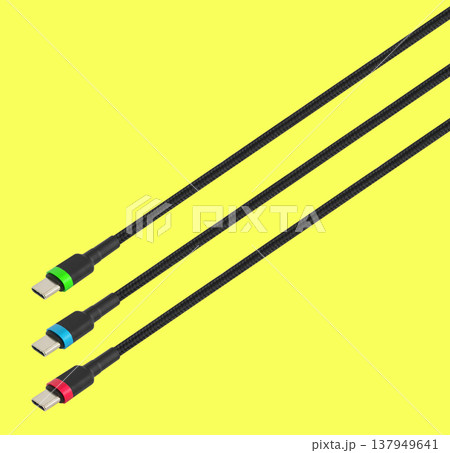 three cables with Type-C connector, in RGB colors, on a yellow background 137949641