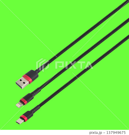 Cable with USB, Type-C and Lightning connector, on a green background Cable with USB, Type-C and Lightning connector, on a green background 137949675