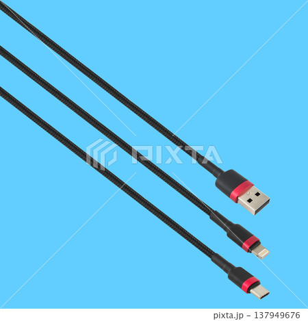 Cable with USB, Type-C and Lightning connector, on a blue background Cable with USB, Type-C and Lightning connector, on a blue background 137949676