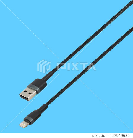 Cable with USB connector, and Lightning, on a blue background 137949680