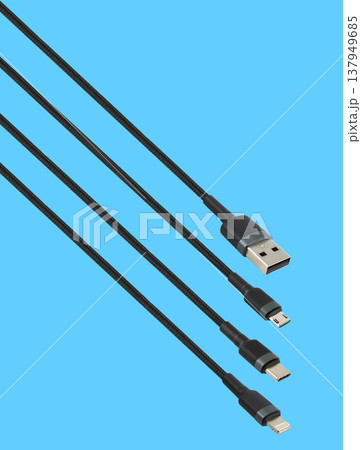 Cable with USB, micro USB, Lightning and Type-C connector, on a blue background 137949685