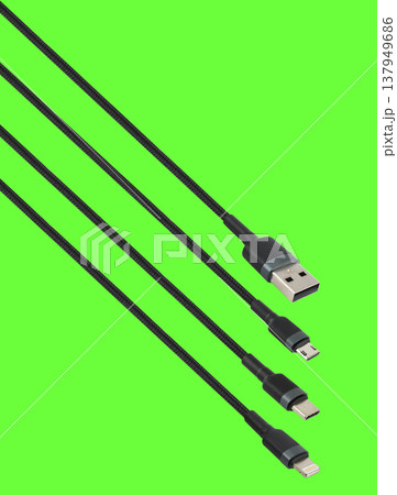 Cable with USB, micro USB, Lightning and Type-C connector, on a green background 137949686