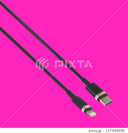 cable with Type-C and Lightning connector, on a red background cable with Type-C and Lightning connector, on a red background 137949690
