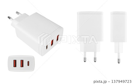 power adapter for phone tablet, accessory for phone, isolated on white background, collage 137949723