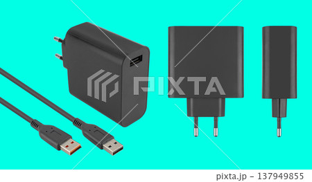 power adapter for tablet laptop, laptop accessory, on blue background 137949855