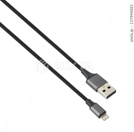 cable with USB and Lightning connector, on white background cable with USB and Lightning connector, on white background 137949883