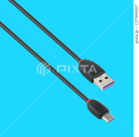 cable with USB and Type-C connector, on a blue background cable with USB and Type-C connector, on a blue background 137949887