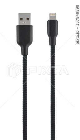 cable with USB and Lightning connector, on white background cable with USB and Lightning connector, on white background 137949899
