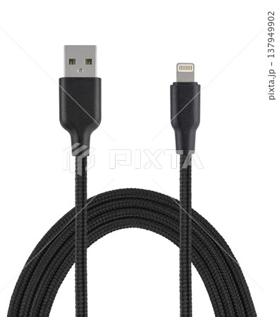 cable with USB and Lightning connector, on white background cable with USB and Lightning connector, on white background 137949902
