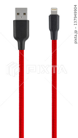 cable with USB and Lightning connector, on white background cable with USB and Lightning connector, on white background 137949904
