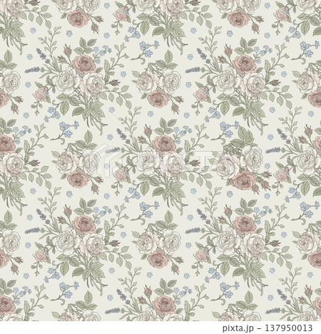Toile de jouy vector seamless vintage floral pattern. Soft rose bouquets and forget-me-not flowers on light background Toile de jouy vector seamless vintage floral pattern. Soft rose bouquets and forget-me-not flowers on light background 137950013