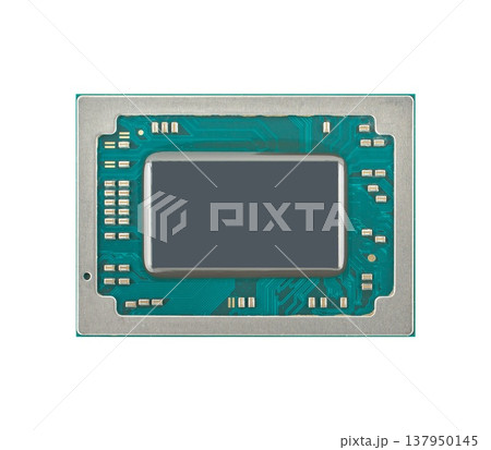 microchip, processor for laptop, view from two sides, on a black background 137950145