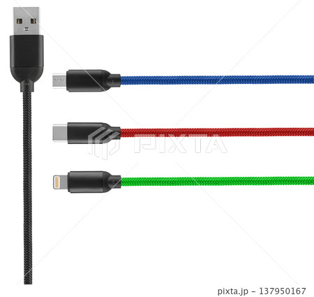 cable with Type-C microUSB USB Lightning connector, on white background cable with Type-C microUSB USB Lightning connector, on white background 137950167