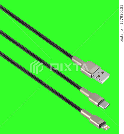 cable and connector USB, Type-C, Lightning, on a green background 137950183