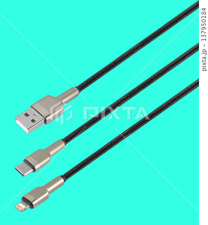 cable and connector USB, Type-C, Lightning, on a blue background 137950184