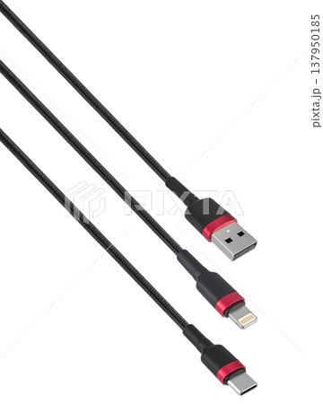 cable and connector USB, Type-C, Lightning, on white background cable and connector USB, Type-C, Lightning, on white background 137950185