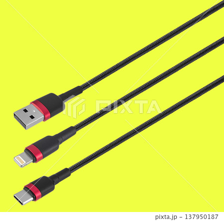 USB cable and connector, Type-C, Lightning, on a yellow background 137950187