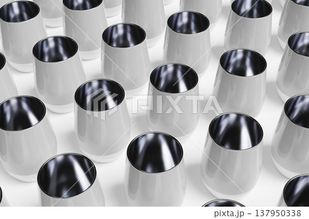Futuristic white 3D hollow cylinder grid with metallic interiors, abstract geometric surface with depth and reflections, modern technology inspired background Futuristic white 3D hollow cylinder grid with metallic interiors, abstract geometric surface with depth and reflections, modern technology inspired background 137950338