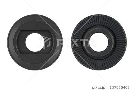 metal nut, washer, spare part for equipment, on a white background metal nut, washer, spare part for equipment, on a white background 137950405