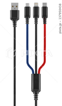 cable with connector USB, micro USB, Type-C, Lightning, a white background 137950438