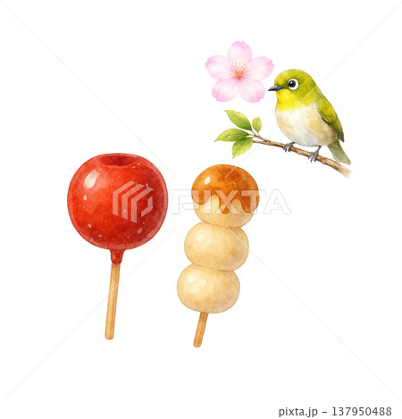 りんご飴と団子 小鳥 お祭り 春 水彩イラスト素材 りんご飴と団子 小鳥 お祭り 春 水彩イラスト素材 137950488
