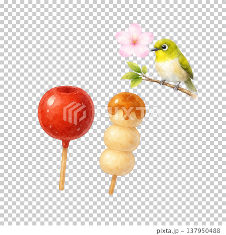 りんご飴と団子 小鳥 お祭り 春 水彩イラスト素材 りんご飴と団子 小鳥 お祭り 春 水彩イラスト素材 137950488