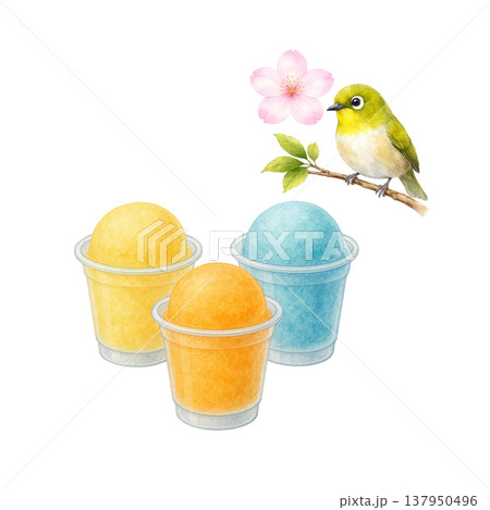 かき氷 小鳥 夏スイーツ かわいい 水彩イラスト素材 137950496