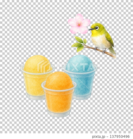かき氷 小鳥 夏スイーツ かわいい 水彩イラスト素材 137950496