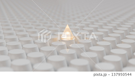 Futuristic white 3D cylinder grid with glowing cone, abstract geometric surface highlighting contrast, focus and structured environment 137950544