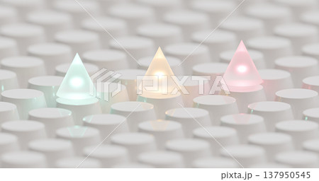 Futuristic white 3D cylinder grid with glowing cone, abstract geometric surface highlighting contrast, focus and structured environment 137950545