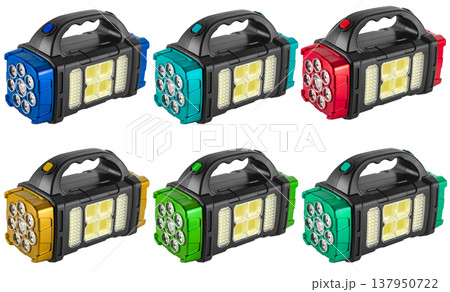battery-powered flashlight with a handle, on a white background battery-powered flashlight with a handle, on a white background 137950722