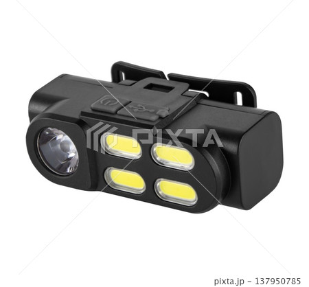 LED flashlight, headlamp, on white background in insulation 137950785